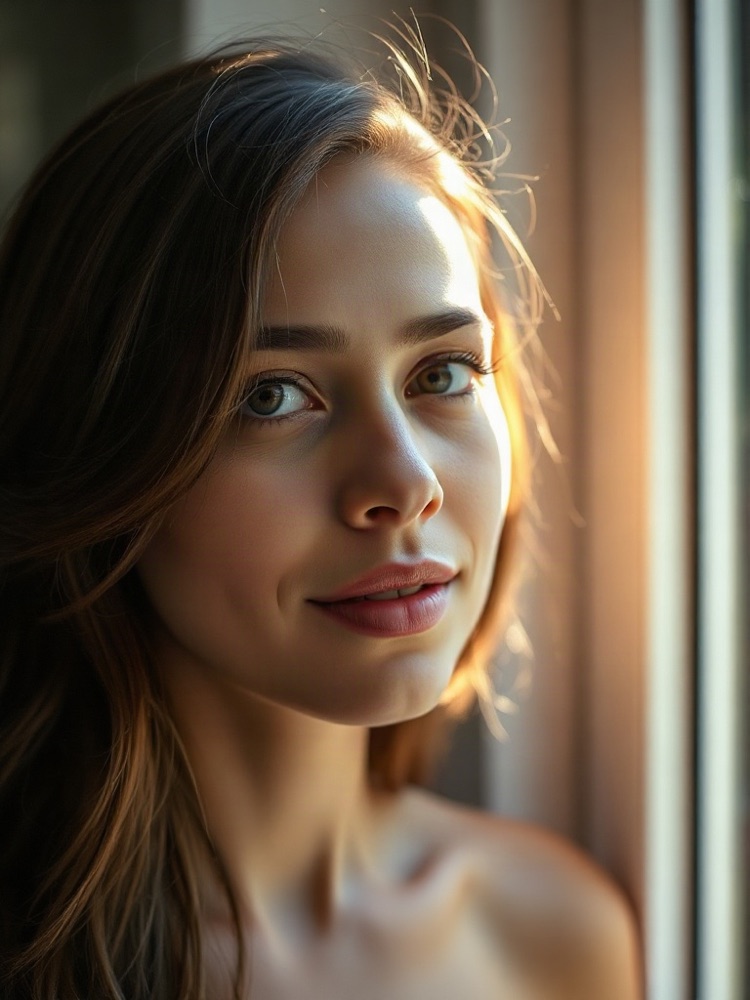 AI generated portrait of a woman in soft window light