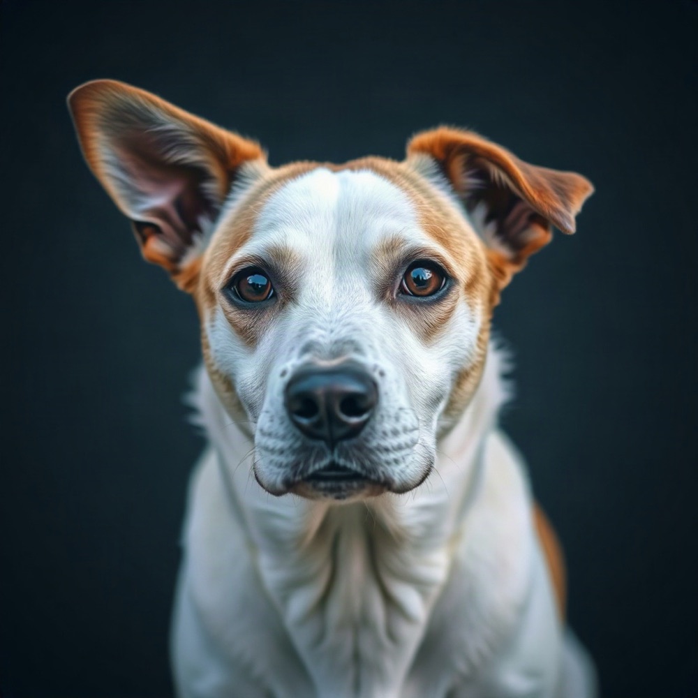 Generic close-up portrait of a dog against a plain dark background