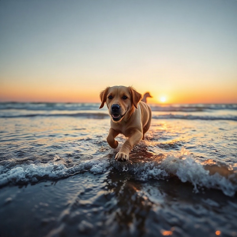 Golden retriever running through surf at sunset